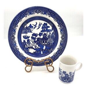 Vintage Churchill England Blue Willow 10" Dinner Plate & 4" Coffee/Tea Mug